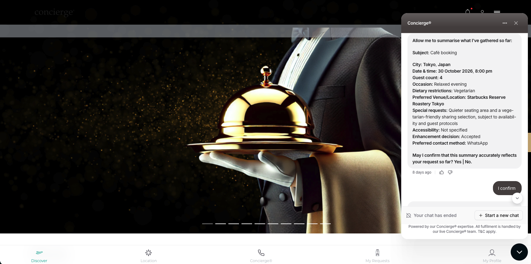 The Concierge app in a browser, with the AI chat panel open on a booking summary